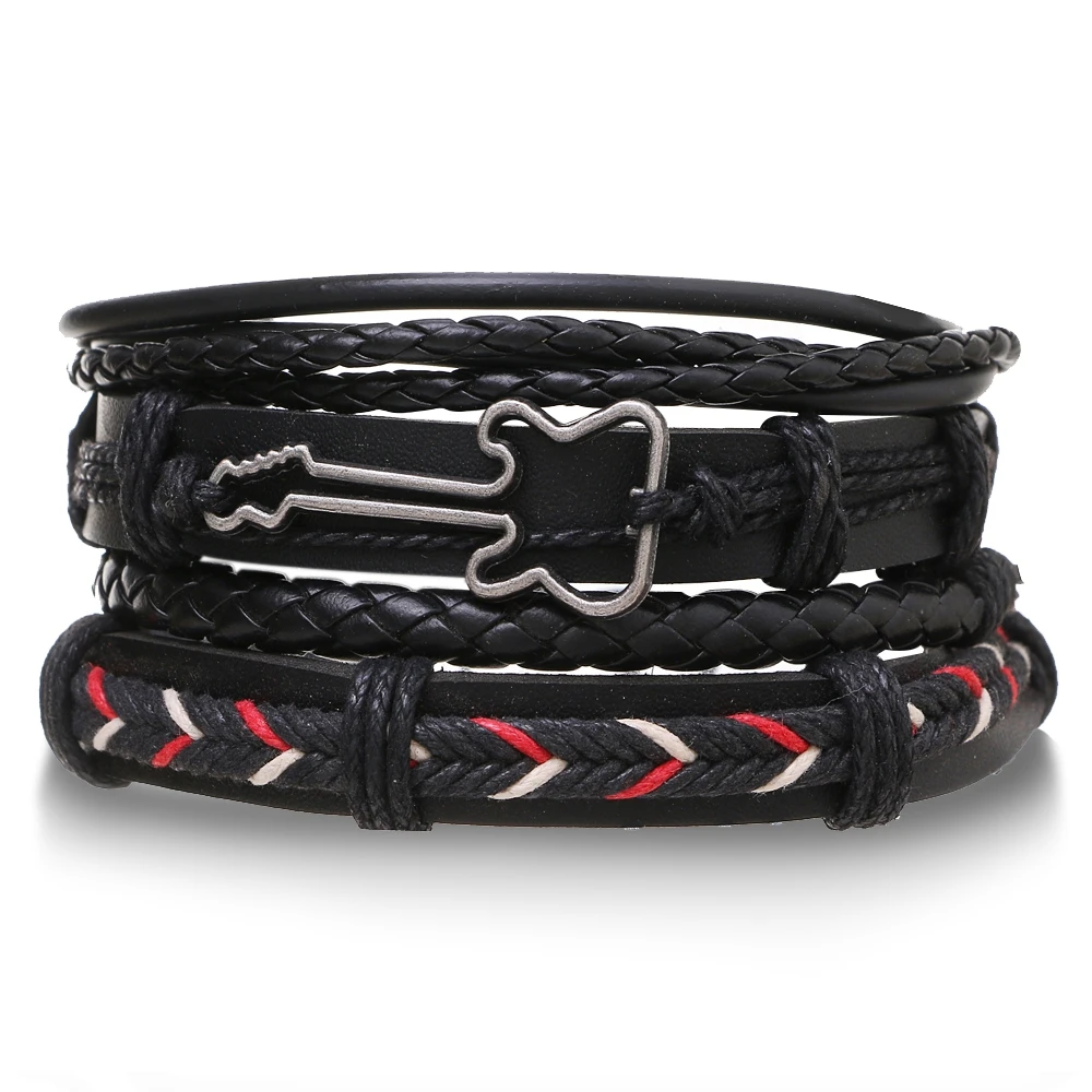Guitar Cross Leaf Charm Weave Leather Bracelets 4 Pcs/set For Men Women Homme Femme Male Jewelry leather braided bracelet leather bracelet charm bracelet