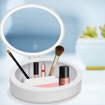 

ABVP Cosmetic Storage Box with LED Makeup Mirror Skin Care Desktop Finishing Case Dust Proof Lipstick Rack Make Up Organizer