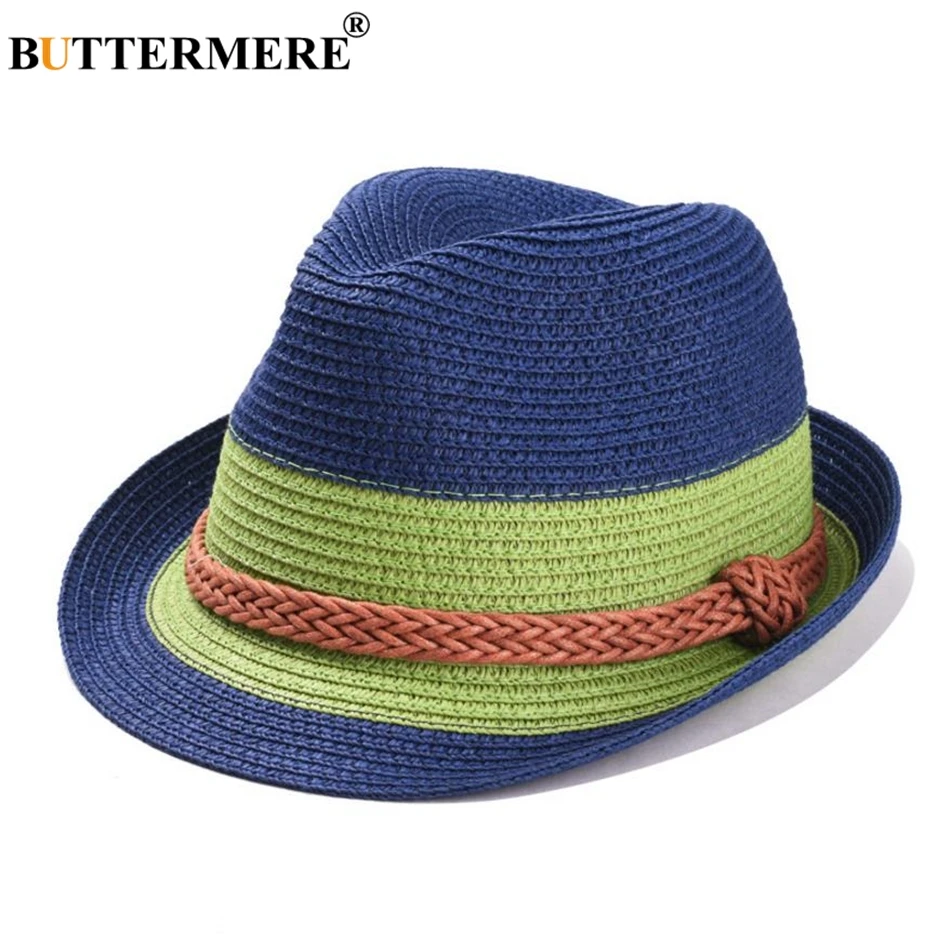 BUTTERMERE Summer Sun Hat Women Straw Female Linen Panama Blue White Striped Patchwork Beach Brand Ladies Jazz Hat|Женские пляжные