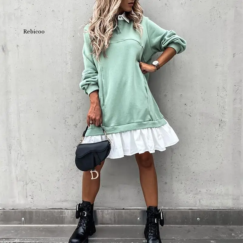 

Spring Fashion Lace Patchwork Solid Mini Dress Women Autumn Elegant Turn-Down Collar Party Dresses Lady Long Sleeve