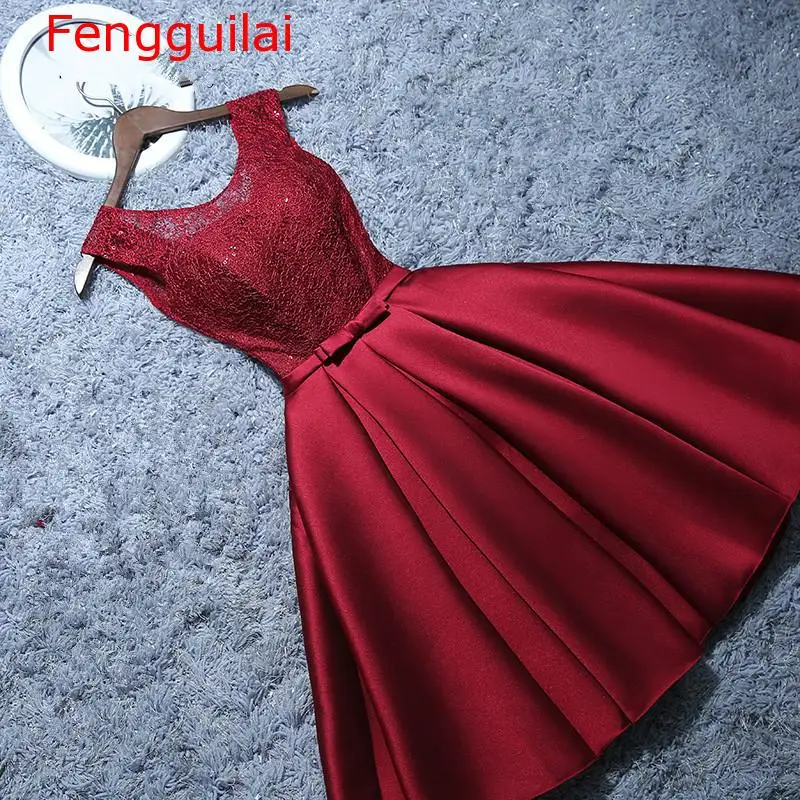 

Short Dress Satin Lace Wine Red Grey A-line Party Formal Dress Robe De Soiree Vestido de novia