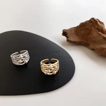 

SRCOI Gold Silver Color Wide Imitation Pearls Hollow Open Ring Alloy Adjustable Korean Trendy Circle Wave Ring For Women Party