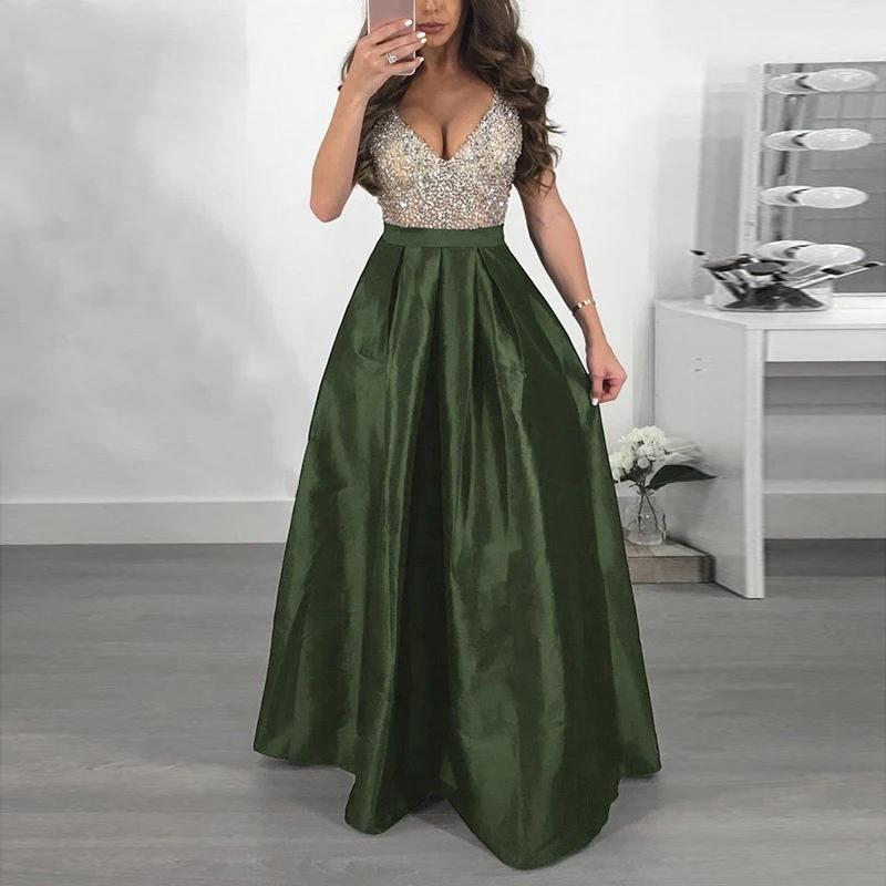 Long Dresses Summer Sexy Women Elegant Party Maxi Dress Sleeveless V Neck Sequin A Line Dress Vestidos Female