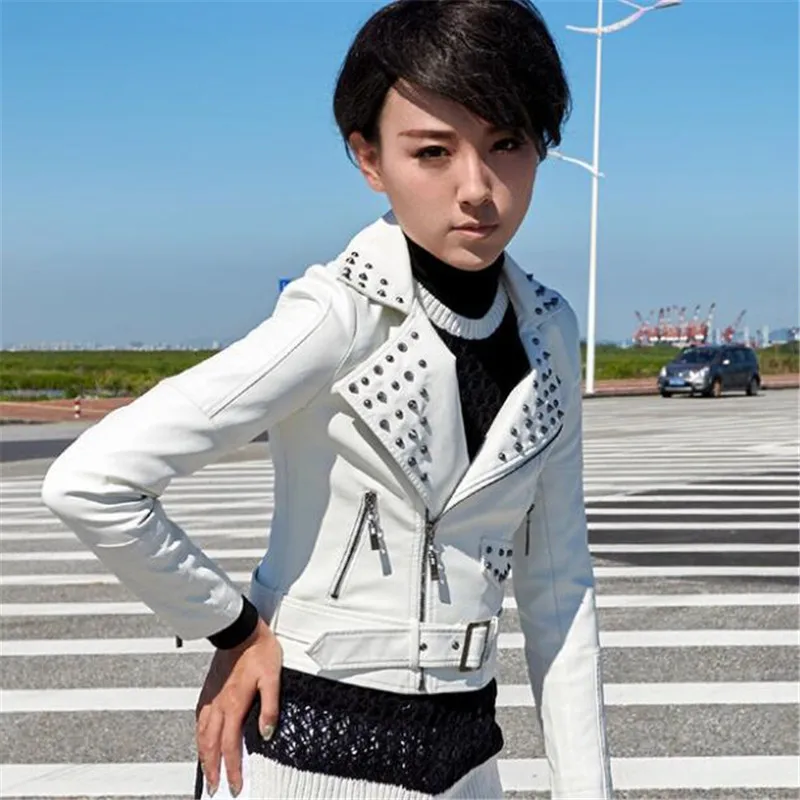 Белый New Spring Women's Clothing PU Washed Leather Motorcycle Jacket Was Thin Short Jacket Lapel Rivet Leather Coat Jacket - Цвет: Белый