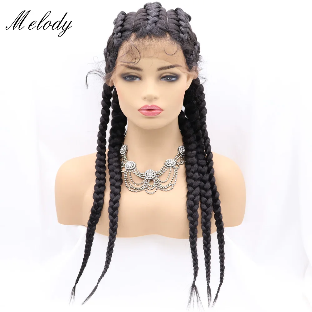 Peluca con malla frontal para mujer, cabello sintético de 30 pulgadas, largo, Rubio, negro, trenzado, para Cosplay, sin pegamento, marrón, 5 trenzas, resaltado, grande