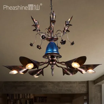 

Retro nostalgic six head special-shaped horn chandelier American style industrial wind living room dining room lamp
