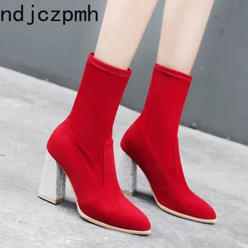 

Women's Boots Winter New Fashion Pointed Flock Thick Heel High Heel Middle Tube Women's Shoes Plus Size 31-43 Heel Height 8cm