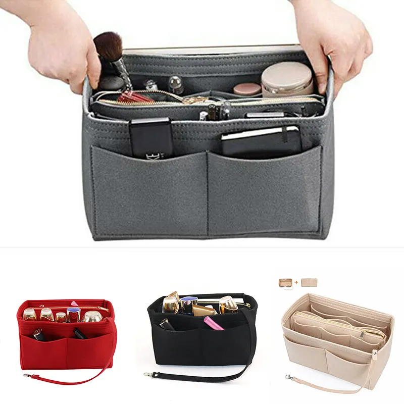 

Hot Selling Felt Purse Insert Organizer Portable Cosmetic Bag Fit for Handbag Tote Various Bag -B5