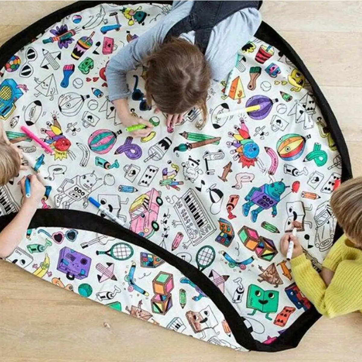 

Hot Kids Play Mats DIY Painting Graffiti Toy Storage Bag Cartoon Rug Round Carpet Pad Canvas Rawling Mat Portable Sundries Pouch