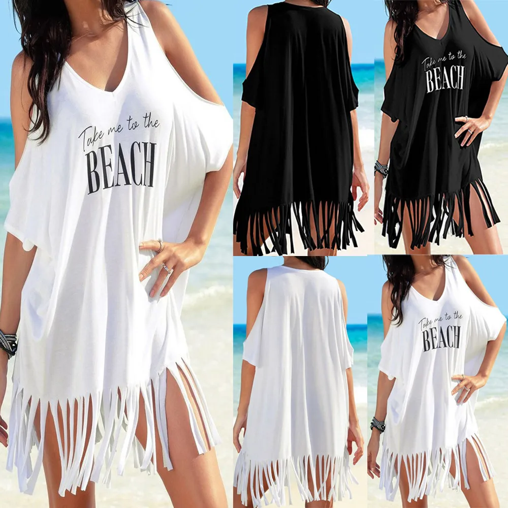 

Beach Blouse Womens Tassel Letters Print Baggy Swimwear Beach Bikini Cover Blouse Seabeach Mini Dress Medium length fund A30729