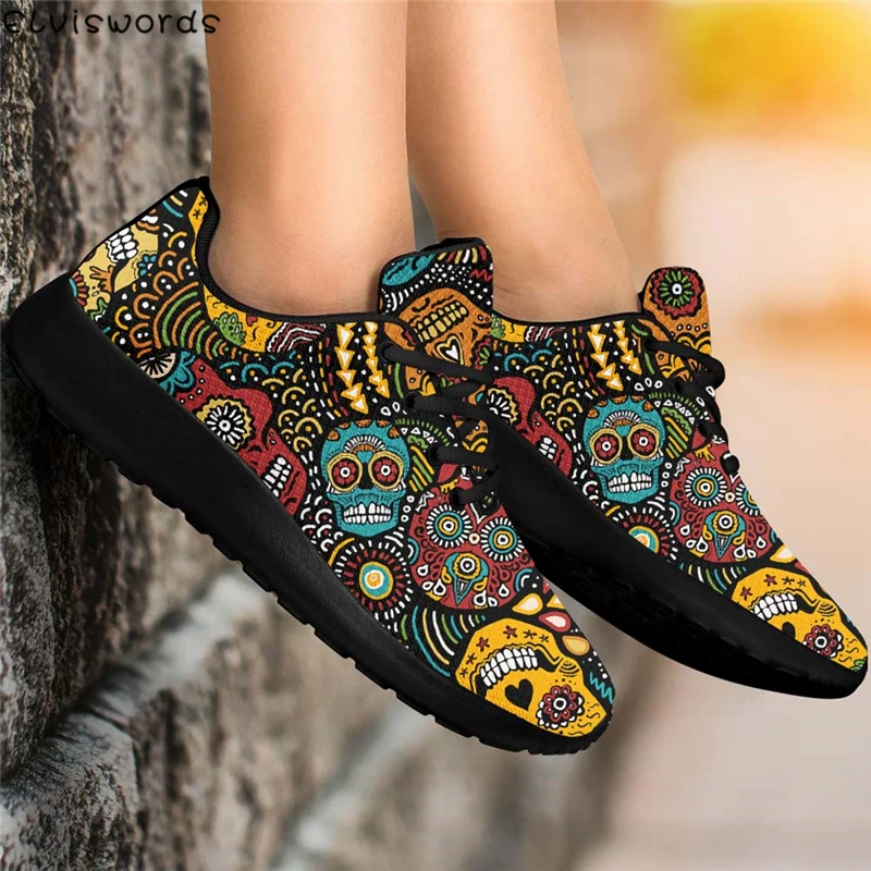 

ELVISWORDS Trendy Sugar Skull 3D Print Casual Flats Comfortable Mesh Autumn Winter Sneakers for Women Non-slip Lace-up Footwear