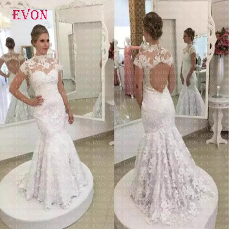 Дешевые Vestido De Noiva старинные c высоким горлом Русалка Свадебные платья
