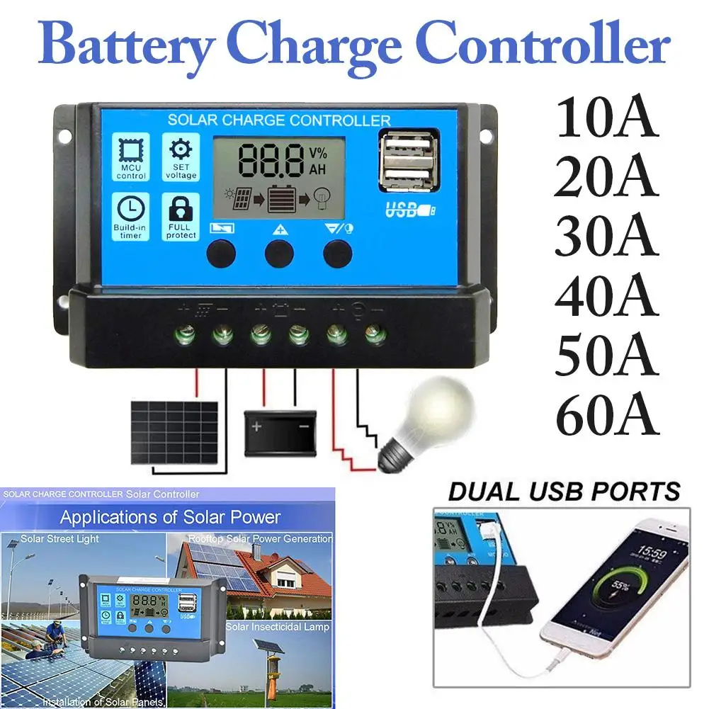 60A/50A/40A/30A/20A/10A 12 В 24 в автоматический Солнечный контроллер заряда PWM контроллеры lcd Dual USB 5 В выход солнечная панель PV регулятор