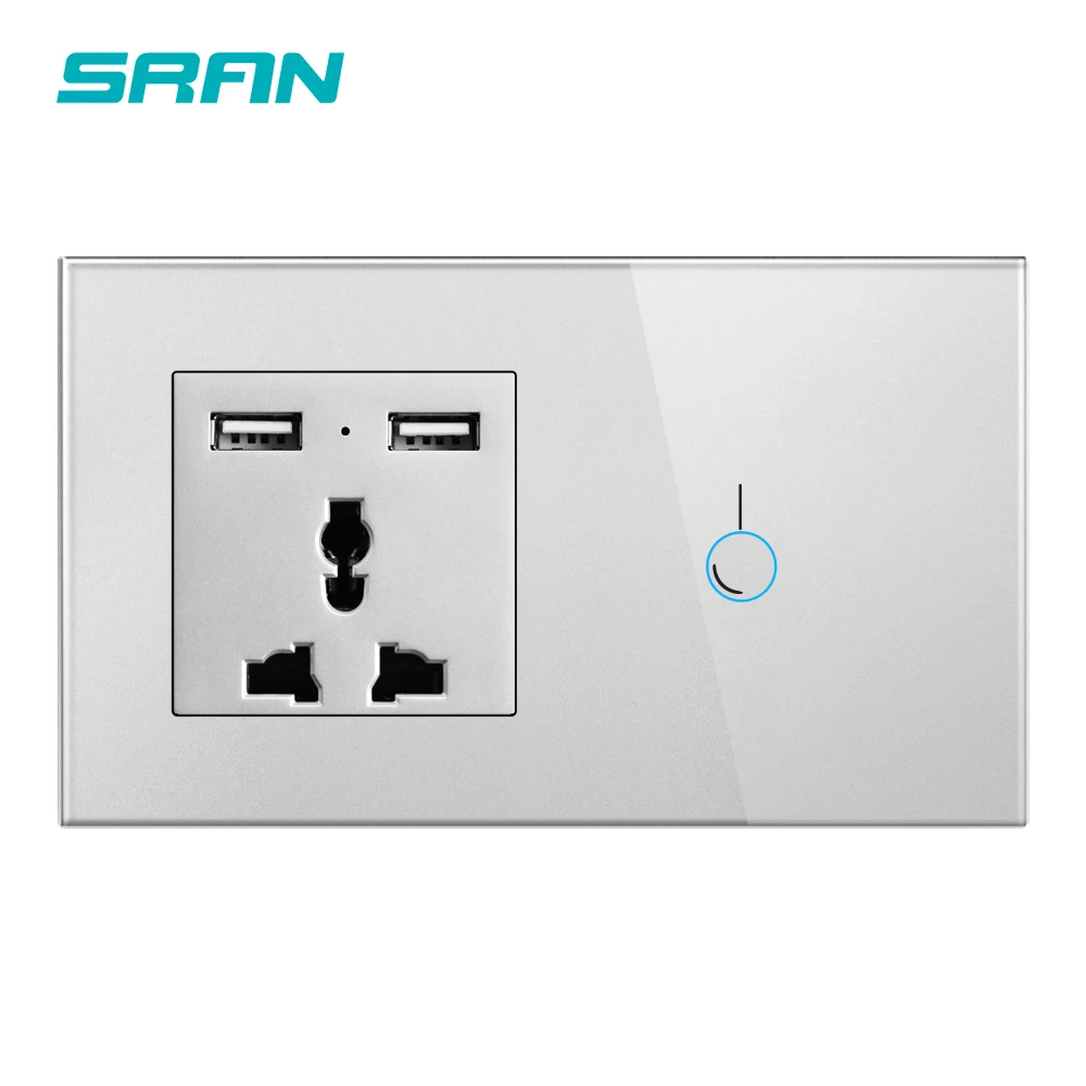SRAN настенная розетка с USB, сенсорный выключатель 2 банды 1 способ Кристалл Закаленное стекло панель 146*86 мм Бытовая универсальная розетка 5 в 2.1A - Цвет: Silver 1 Gang 1 Way