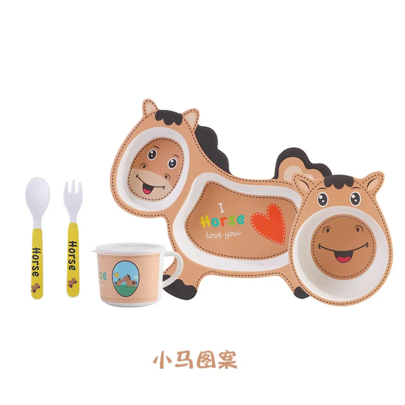 5 шт. детский набор посуды с героями мультфильмов, детские блюда для кормления, детская посуда из бамбукового волокна, набор с чашей, вилка, чашка, ложка, тарелка - Цвет: Horse Set