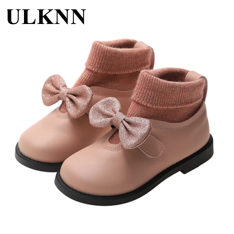 

ULKNN Children's Short Boots Autumn Girl's Princess Shoes Bow Leather Kid's Black Pink Winter Warm Footwear Wool Round Toe white