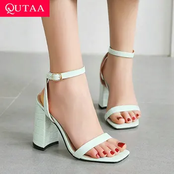 

QUTAA 2020 Sexy Square High Heel Sandals Square Open-toed Buckle Summer Women Shoes PU Leather Slingback Ladies Pumps Size 34-43