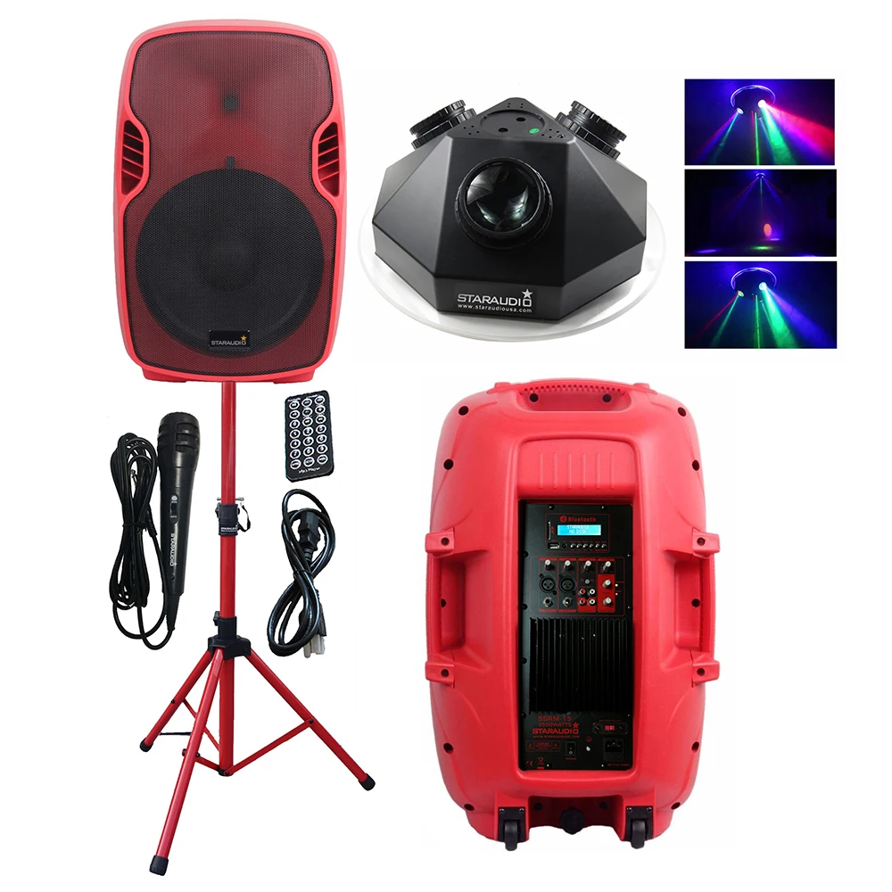 

STARAUDIO 15" Powered 3500W PA Active Stage Speaker System Wired Mic DJ PA Stand Stage KTV RGB LED Laser Light System SSRM-15