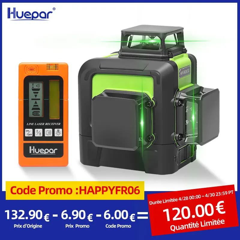 Huepar 12 Lines 3D Cross Line Laser Level Green Laser Beam Self-Leveling 360 Vertical Horizontal with Digital LCD Laser Receiver