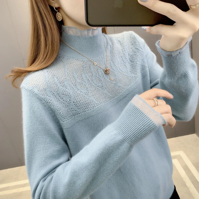 

5790e area 50 right] - real shot Angora hollow lace half high collar knitting Pullover 39