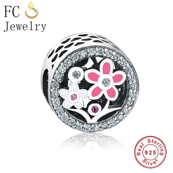 

FC Jewelry Fit Original Pandora Charms Bracelet 925 Silver Daisy Pink Enamel Flower Cherry Blossoms Beads Making Women Berloque