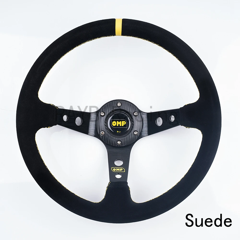 Универсальный 14 дюймов OMP 350 мм замша/ПВХ авто гоночный руль глубокий кукурузный дрейфующий спортивный руль с логотипом - Цвет: Suede-Black-Yellow