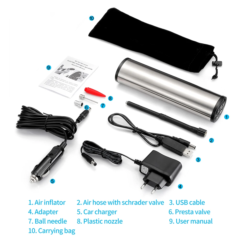 

Car Inflatable Pump EU Plug 12V 150 psi Mini Electric Inflator with Tyre Pressure Gauge LED Light for Car Bicycle Motor Balls