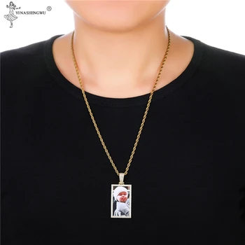 

Custom Photo Frame Memory Medallion Men WomenSquare Pendants Necklace Zircon Paved Rope Chain Hip Hop Rapper Jewelry Accessories