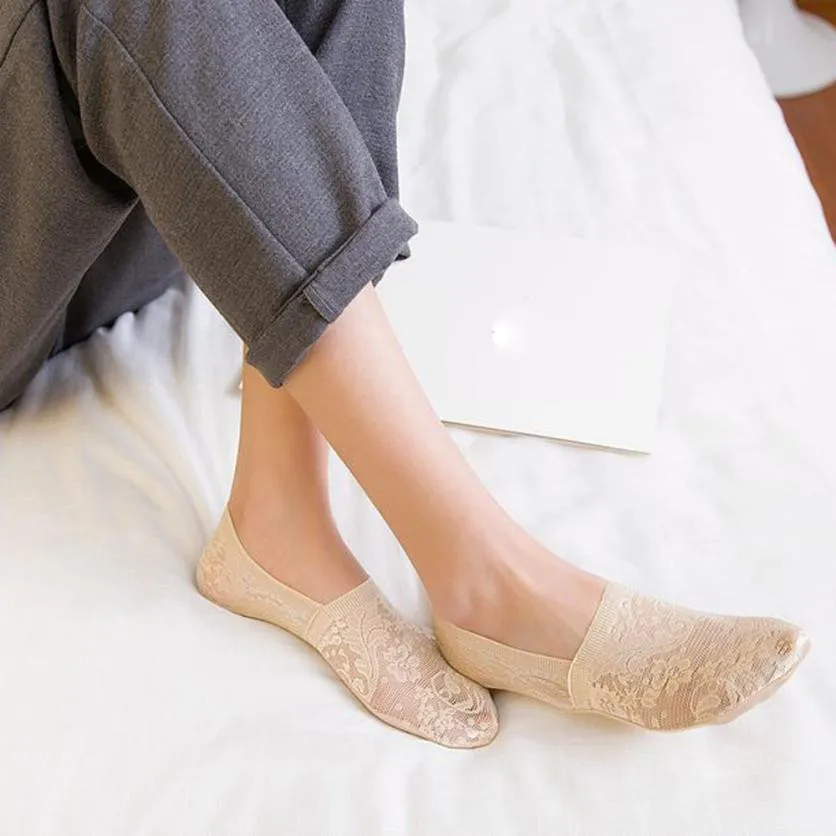 Женские летние хлопковые кружевные нескользящие носки с невидимой подкладкой
