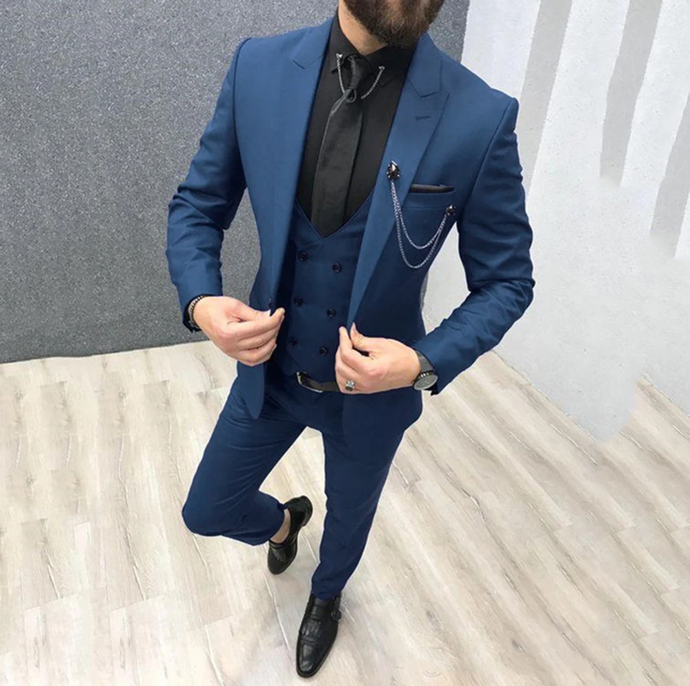 Mens Suits 3 Pieces Double Breasted Vest Slim Fit Groom Suits Handsome Wedding Tuxedos Prom Dinner  (Blazer+Pants+Vest)