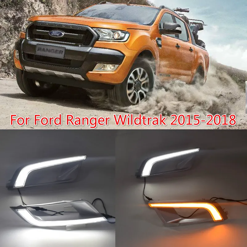 

Car Flashing 2PCS For Ford Ranger Wildtrak 2015 2016 2017 2018 LED DRL Daytime Running Light Daylight Fog Head yellow turn Lamp