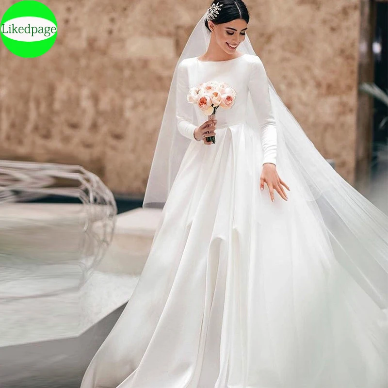 

Long Sleeve Wedding Dress Simples Vestidos De Novia A Line Satin Bride Gown 2021 Robe Mariage Abito Da Sposa For Women Trouwjurk