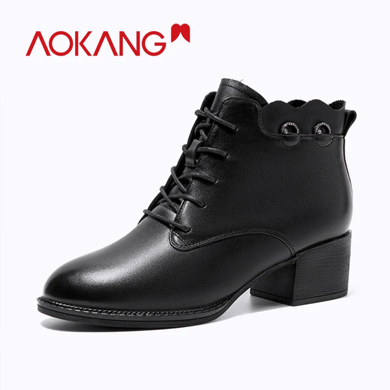 AOKANG/2019 осенне-зимние женские ботинки из натуральной кожи Ботинки Martin с круглым