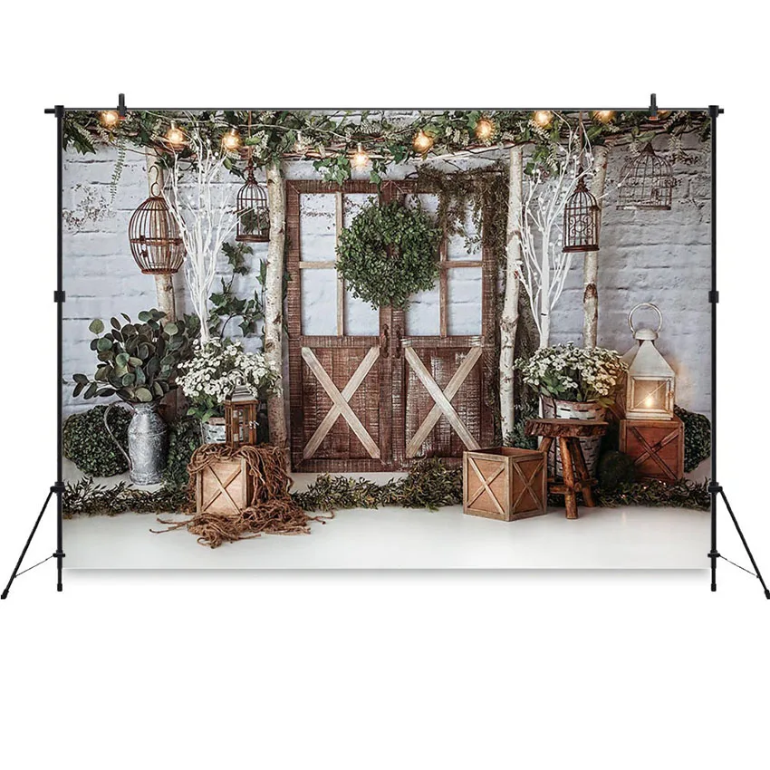 Рождественский фон с белой кирпичной стеной для новорожденных детей фон для фотосъемки с деревянной дверью зеленая гирлянда Фотостудия