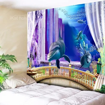 

Indian Mandala Tapestry Wall Hanging Bohemian Psychedelic Tapestry Dolphin Ocean Scenery Outside Window tapete de pared 200*300