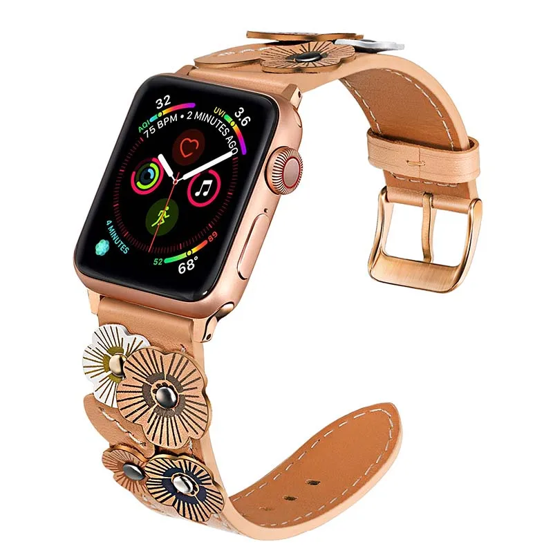 Ремешок для часов из натуральной кожи с цветами для iWatch Apple Watch Series 5 4 3 2 1 44 мм 40 мм 42 мм 38 мм женский ремешок со стальной застежкой