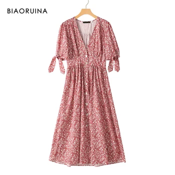 

BIAORUINA Women's Floral Printed All-match Fashion Dress Female Single Breasted High Waist V-neck Long A-Line Dress Short Sleeve