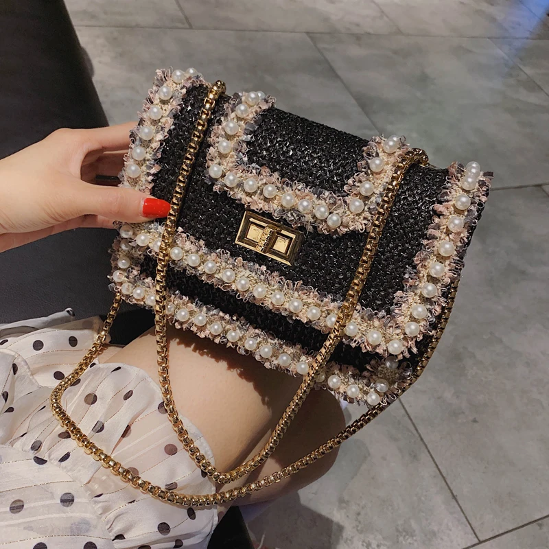 

2019 new Autumn Fashion New Female Square Tote Quality Woolen Pearl Women's Designer Handbag Ladies Chain Shoulder Crossbody Bag