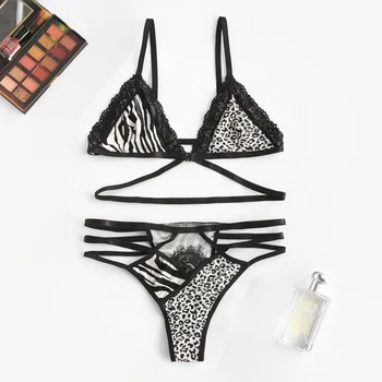 

Women's Sexy Leopard and Zebra Pattern Stitching Lace Underwear Set Thin Comfortable Wire Free Bra Set Thong Erotic Lingerie Set