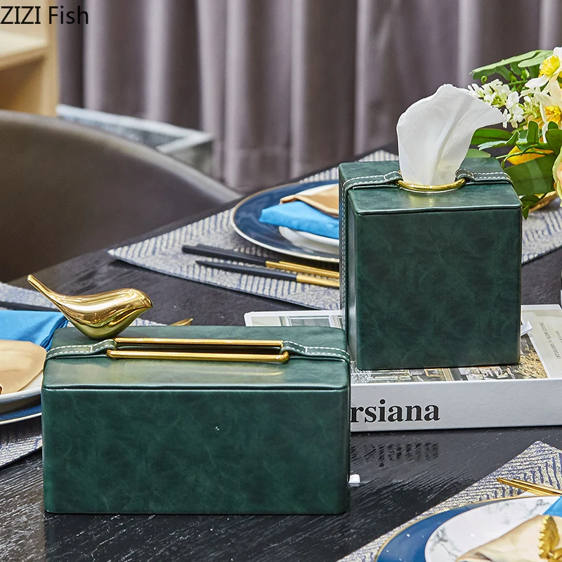 Leather Tissue Box Metal Geometric Frame Home Desktop Drawer Orange Green Square Table Storage Organization Home Decoration 4