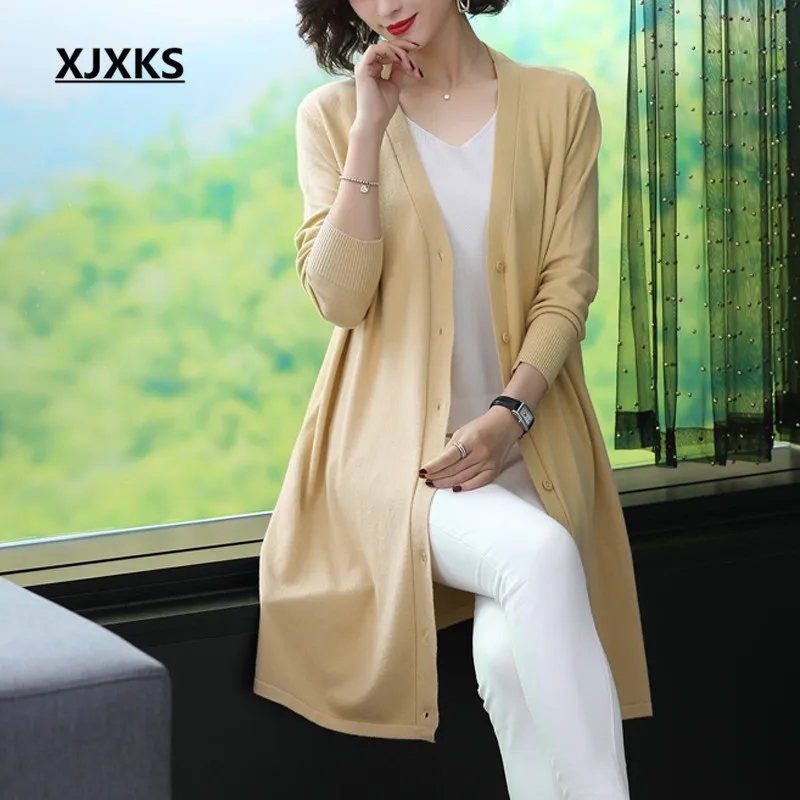 

XJXKS Women's Casual Long Sweaters Soft Solid Color Single Breasted Button Cardigan Female Long Sleeve Autumn Thin Coat