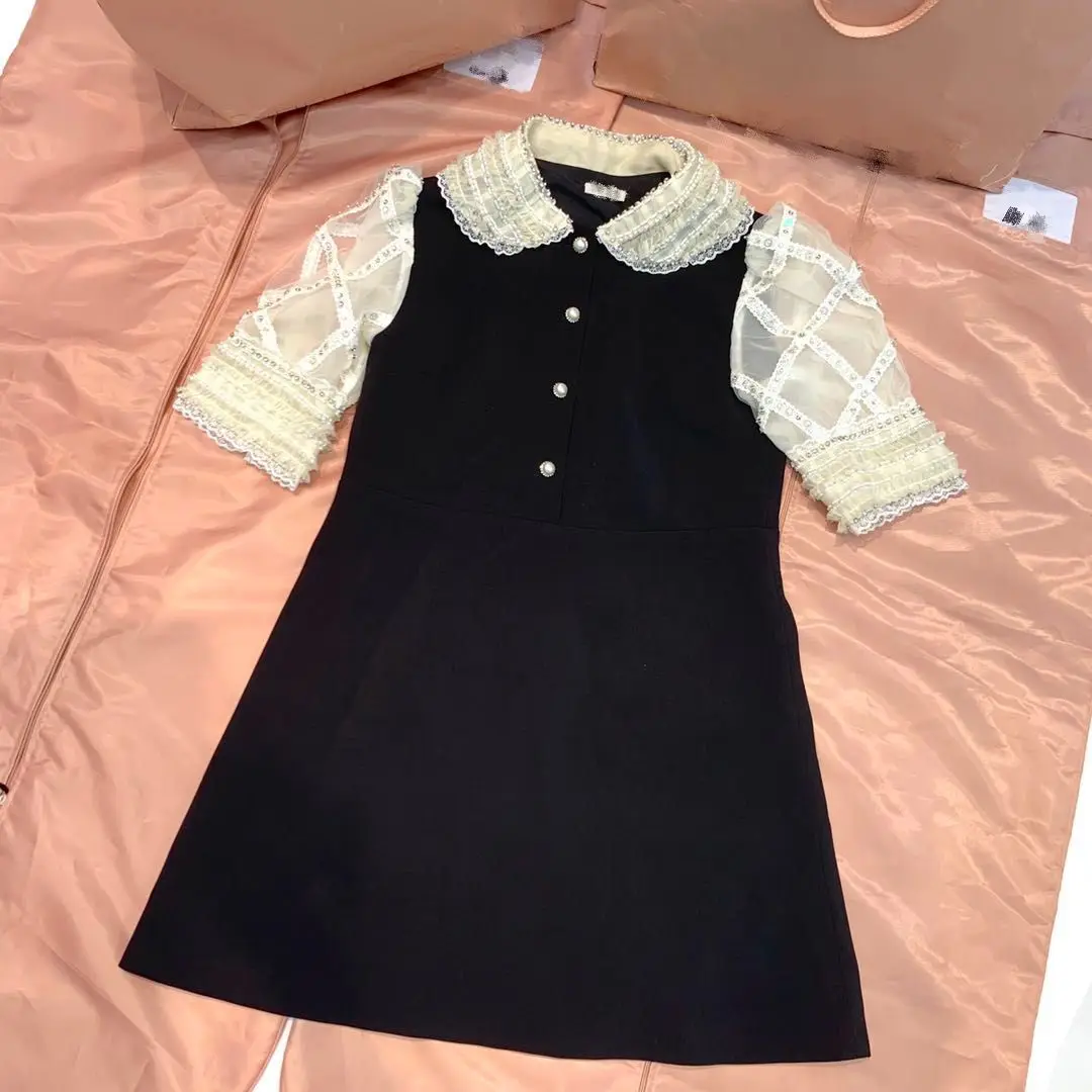Vintage Beading Embroidery Woman Dress 2020 High Quality Runway Elegant White Lace Patchwork Short Sleeve A-line Mini | Женская одежда