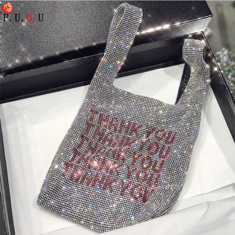 

Thank You Sequins Bags Women Small Tote Bags Crystal Bling Bling Fashion Lady Bucket Handbags Vest Girls Glitter Purses Brand #M