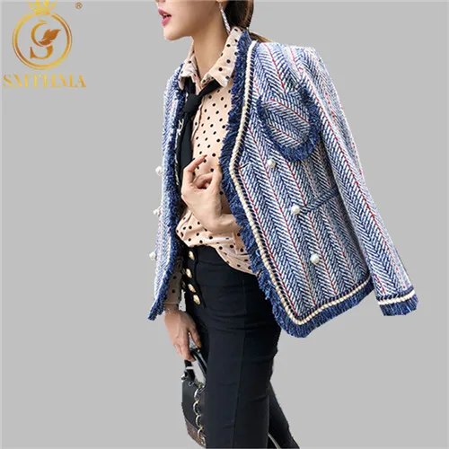 

SMTHMA New Fashion Runway 2019 Designer Tassel Jacket Women's Long Sleeve Blue and white striped woven Tweed Jacket Outer Coat