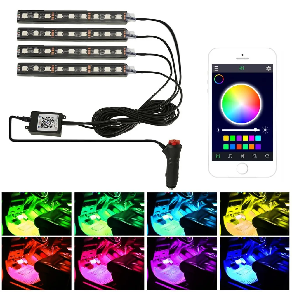 4 x 9 LEDs Car LED Strip Lights APP Bluetooth Controller with Car
