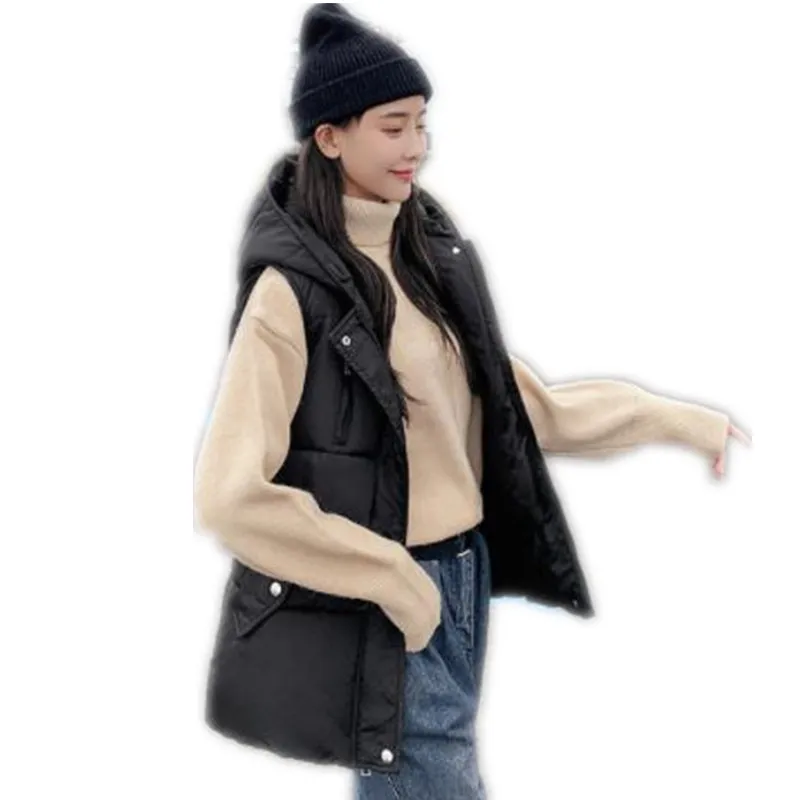 

Autumn Winter Women Vest 2019 Short Down Cotton Waistcoat Female Hooded Zipper Women Jacket Sleeveless Warm Vest Mujer H123