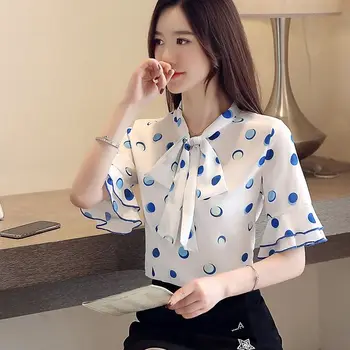 

New 2020 Spring Women Sweet Polka Dot Short Sleeve Chiffon Tops & Blouses Female Lotus Bow Collar Shirt & Blouses