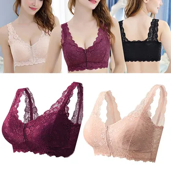 

Bra Women Cotton Bra Front Zip No Steel Ring Lace Light Breathable U-shaped Back Design XRQ88