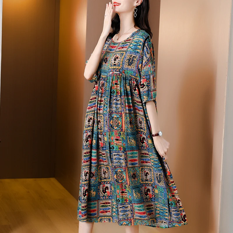 2021 Floral Chiffon Mesh Casual Beach Midi Dress Summer Vintage Loose 4XL Plus Size Dress Elegant Women Bodycon Party Vestidos