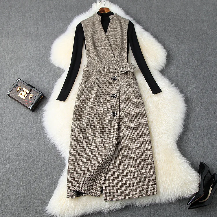 Women autumn winter vest dress suit sleeveless elegant woolen dresses gray+ black turtleneck pullover two piece set office